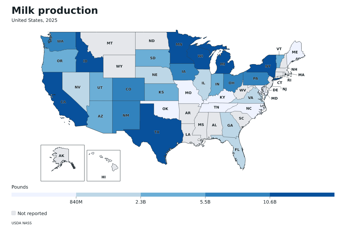 Producción de leche por estado en Estados Unidos, 2025. Unidad: libras de leche. Fuente: USDA National Agricultural Statistics Service (NASS).