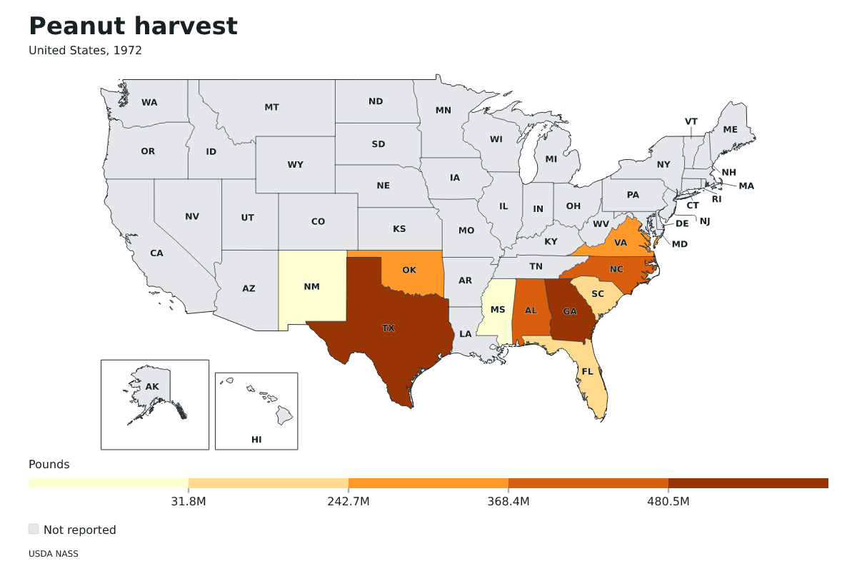 Cosecha de cacahuetes por estado en Estados Unidos, 1972. Unidad: libras de cacahuetes. Fuente: USDA National Agricultural Statistics Service (NASS).