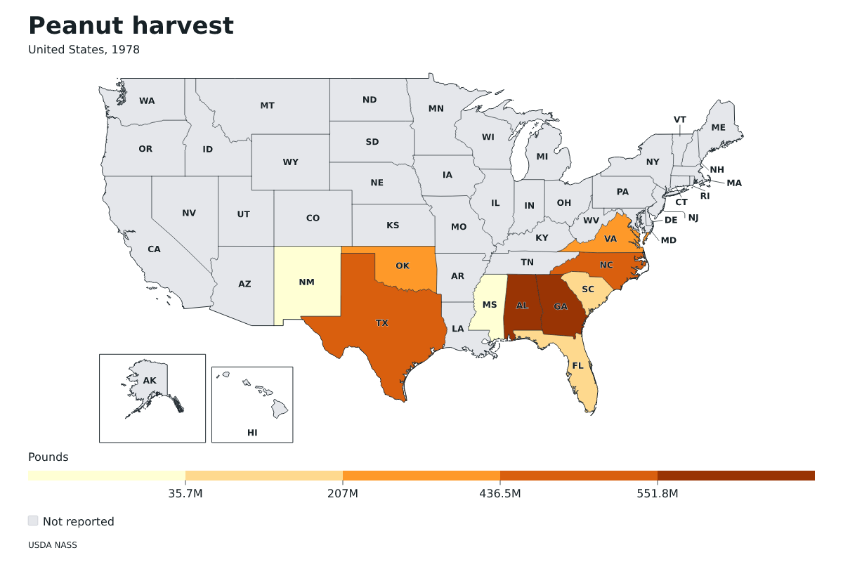 Cosecha de cacahuetes por estado en Estados Unidos, 1978. Unidad: libras de cacahuetes. Fuente: USDA National Agricultural Statistics Service (NASS).