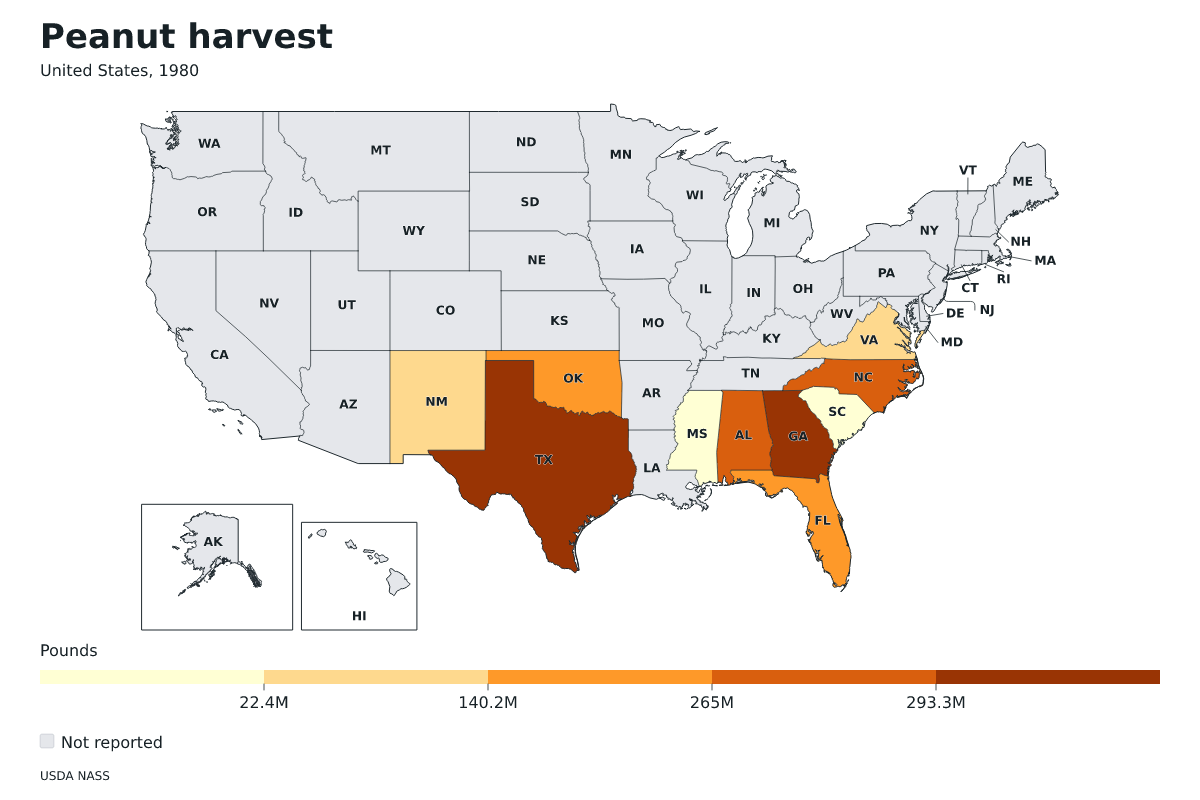 Cosecha de cacahuetes por estado en Estados Unidos, 1980. Unidad: libras de cacahuetes. Fuente: USDA National Agricultural Statistics Service (NASS).