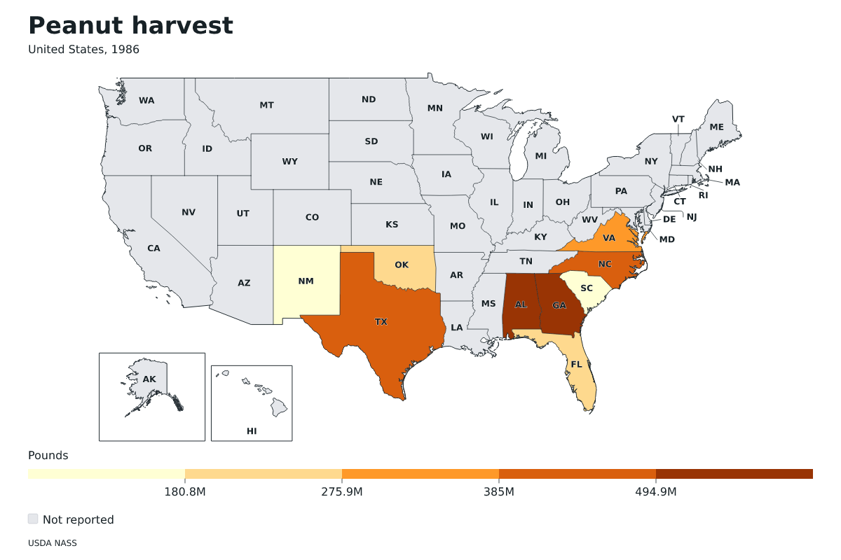 Cosecha de cacahuetes por estado en Estados Unidos, 1986. Unidad: libras de cacahuetes. Fuente: USDA National Agricultural Statistics Service (NASS).