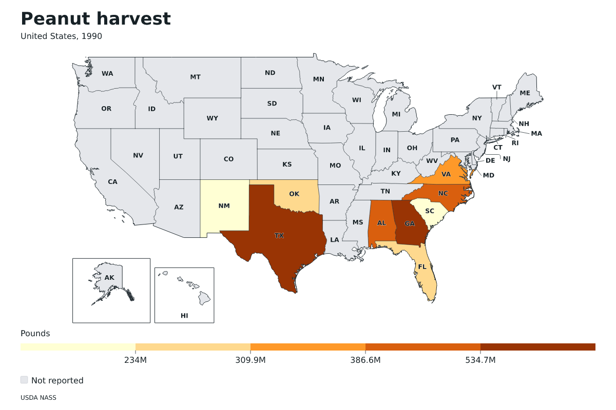 Cosecha de cacahuetes por estado en Estados Unidos, 1990. Unidad: libras de cacahuetes. Fuente: USDA National Agricultural Statistics Service (NASS).