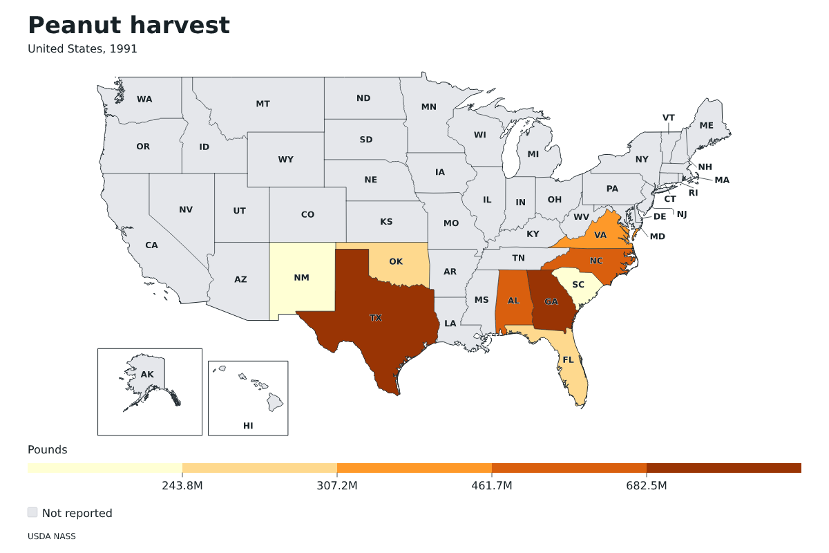 Cosecha de cacahuetes por estado en Estados Unidos, 1991. Unidad: libras de cacahuetes. Fuente: USDA National Agricultural Statistics Service (NASS).