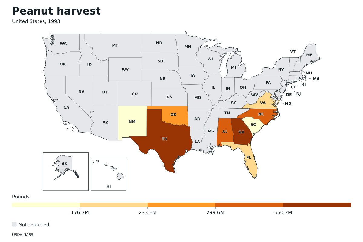 Cosecha de cacahuetes por estado en Estados Unidos, 1993. Unidad: libras de cacahuetes. Fuente: USDA National Agricultural Statistics Service (NASS).
