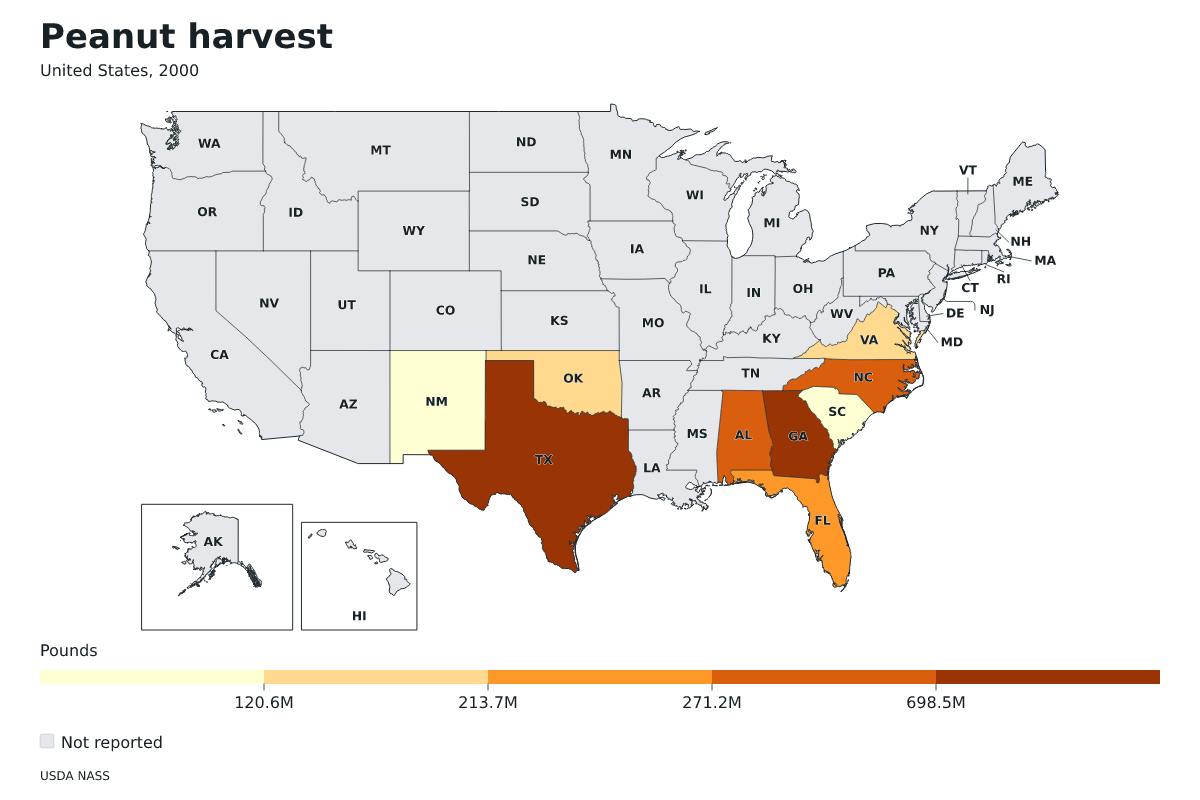 Cosecha de cacahuetes por estado en Estados Unidos, 2000. Unidad: libras de cacahuetes. Fuente: USDA National Agricultural Statistics Service (NASS).