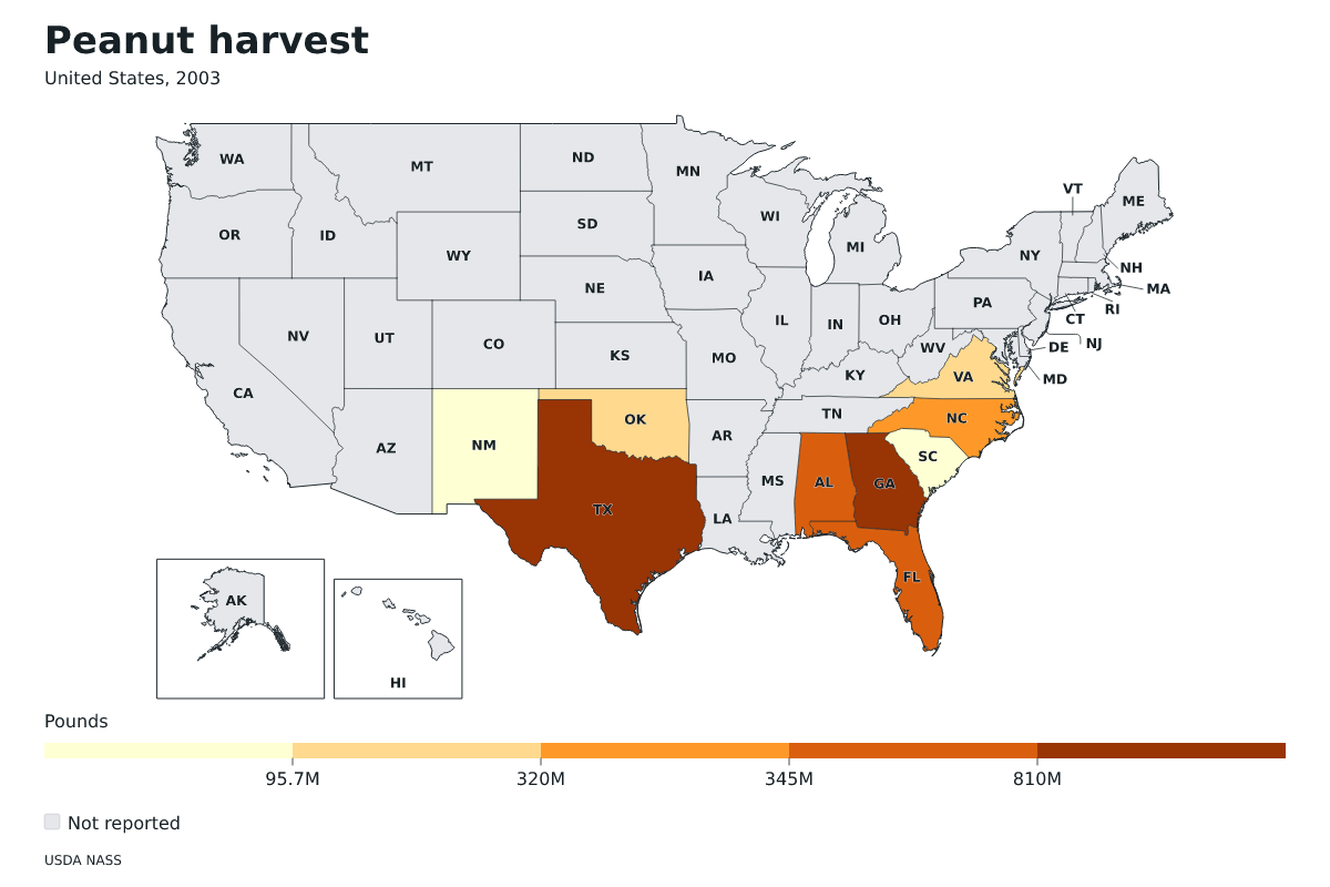 Cosecha de cacahuetes por estado en Estados Unidos, 2003. Unidad: libras de cacahuetes. Fuente: USDA National Agricultural Statistics Service (NASS).
