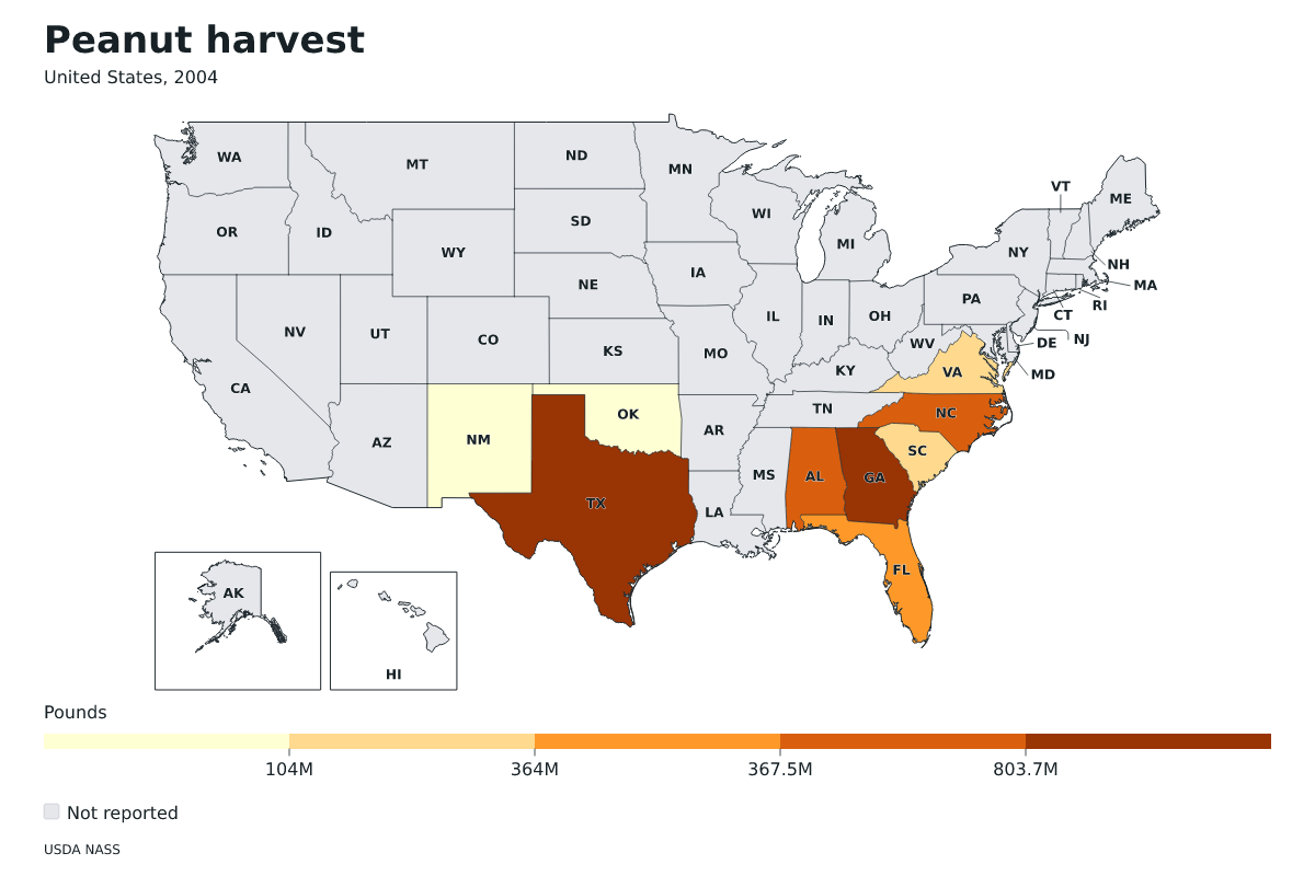 Cosecha de cacahuetes por estado en Estados Unidos, 2004. Unidad: libras de cacahuetes. Fuente: USDA National Agricultural Statistics Service (NASS).