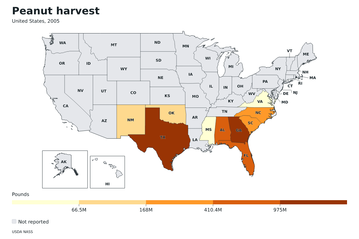 Cosecha de cacahuetes por estado en Estados Unidos, 2005. Unidad: libras de cacahuetes. Fuente: USDA National Agricultural Statistics Service (NASS).