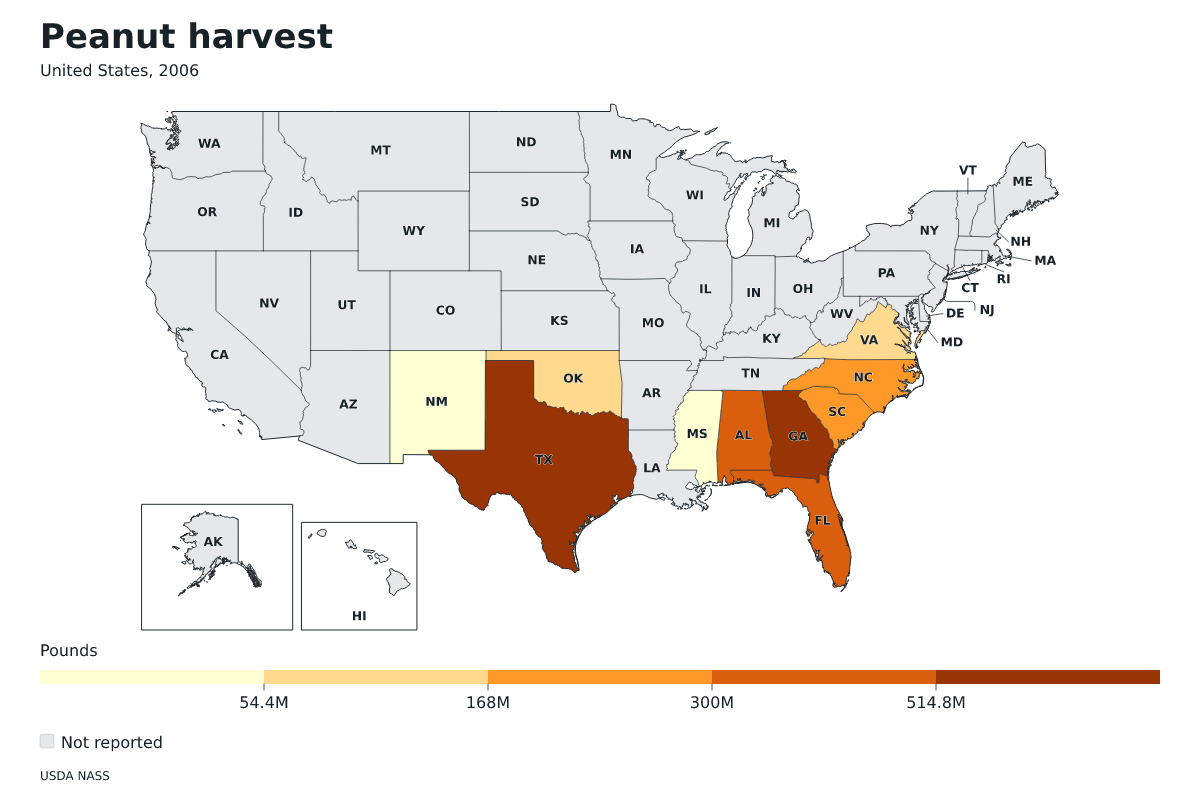 Cosecha de cacahuetes por estado en Estados Unidos, 2006. Unidad: libras de cacahuetes. Fuente: USDA National Agricultural Statistics Service (NASS).