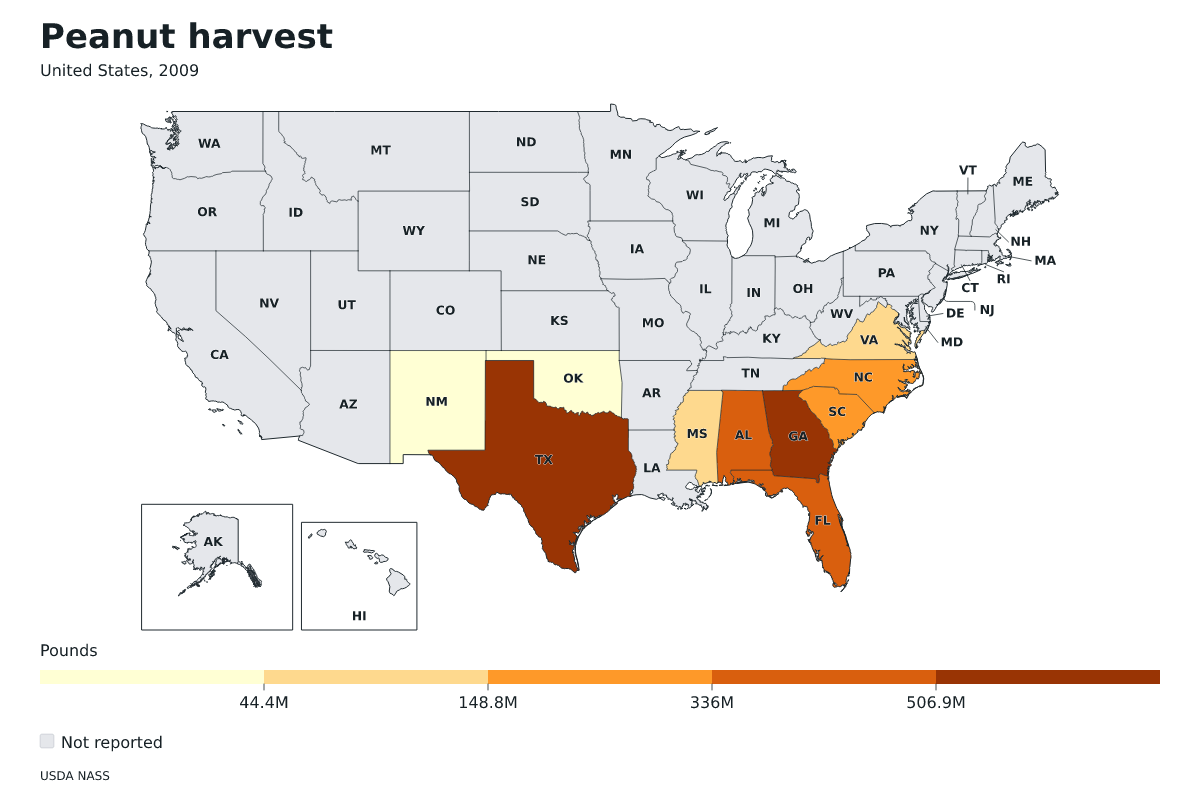 Cosecha de cacahuetes por estado en Estados Unidos, 2009. Unidad: libras de cacahuetes. Fuente: USDA National Agricultural Statistics Service (NASS).
