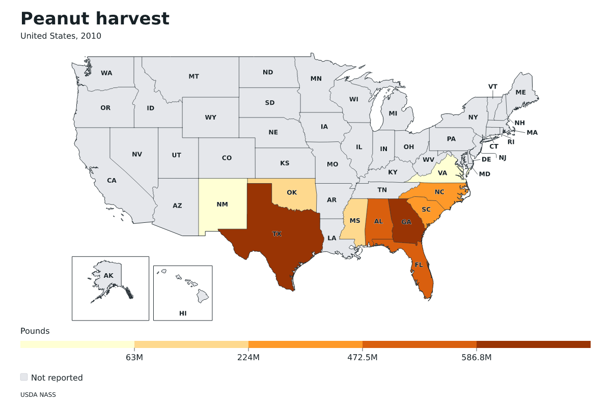 Cosecha de cacahuetes por estado en Estados Unidos, 2010. Unidad: libras de cacahuetes. Fuente: USDA National Agricultural Statistics Service (NASS).