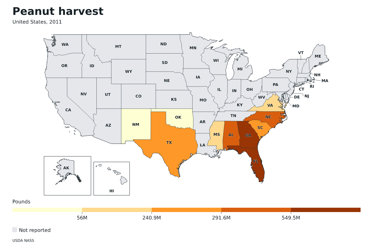Cosecha de cacahuetes por estado en Estados Unidos, 2011. Unidad: libras de cacahuetes. Fuente: USDA National Agricultural Statistics Service (NASS).