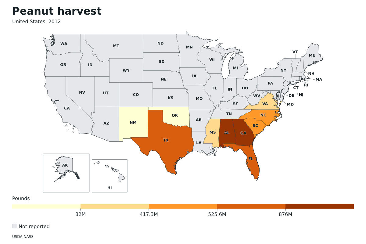 Cosecha de cacahuetes por estado en Estados Unidos, 2012. Unidad: libras de cacahuetes. Fuente: USDA National Agricultural Statistics Service (NASS).