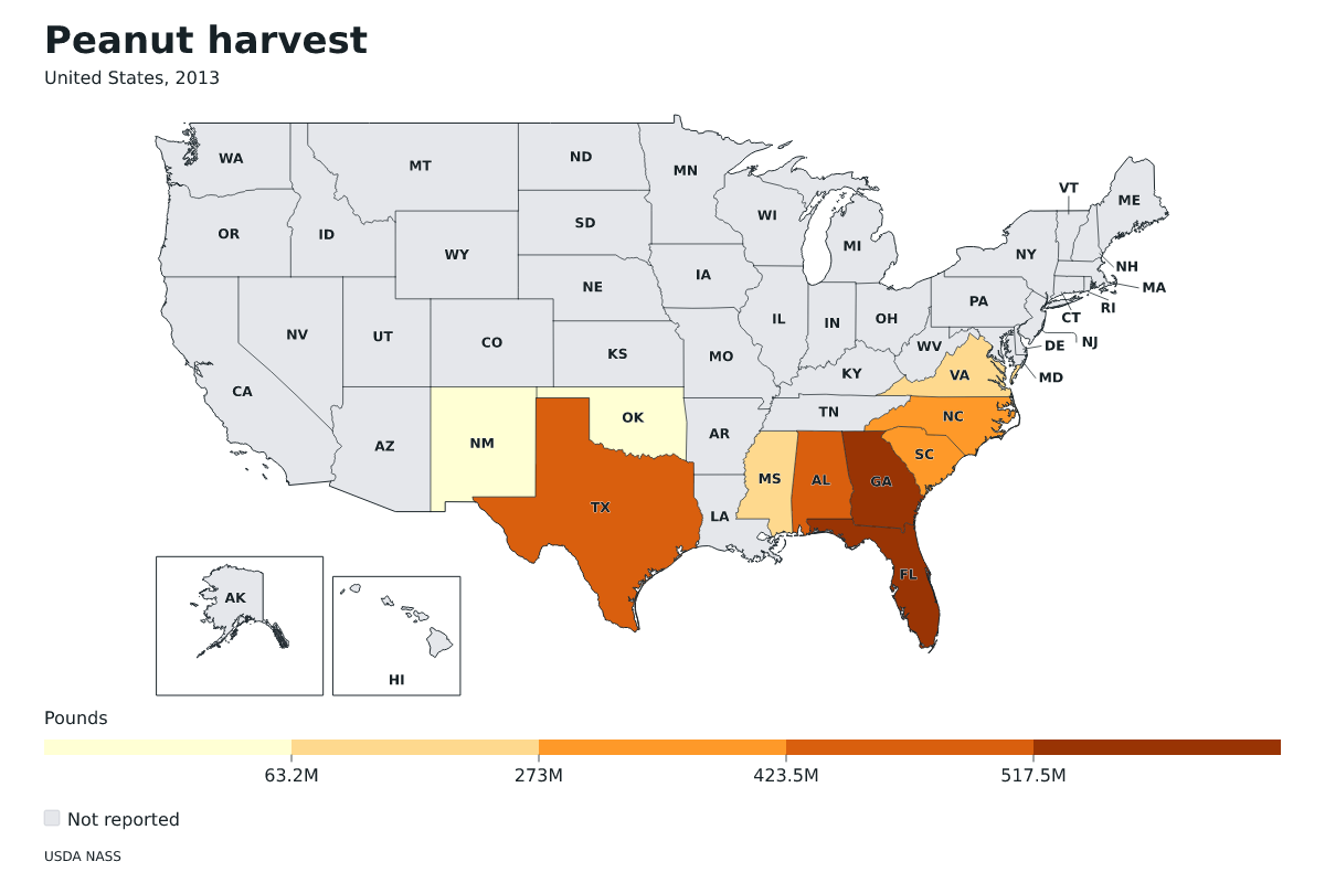 Cosecha de cacahuetes por estado en Estados Unidos, 2013. Unidad: libras de cacahuetes. Fuente: USDA National Agricultural Statistics Service (NASS).