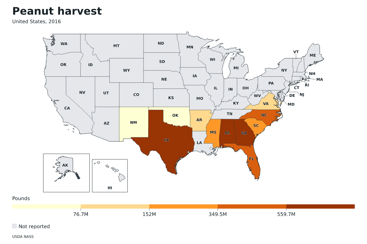 Cosecha de cacahuetes por estado en Estados Unidos, 2016. Unidad: libras de cacahuetes. Fuente: USDA National Agricultural Statistics Service (NASS).