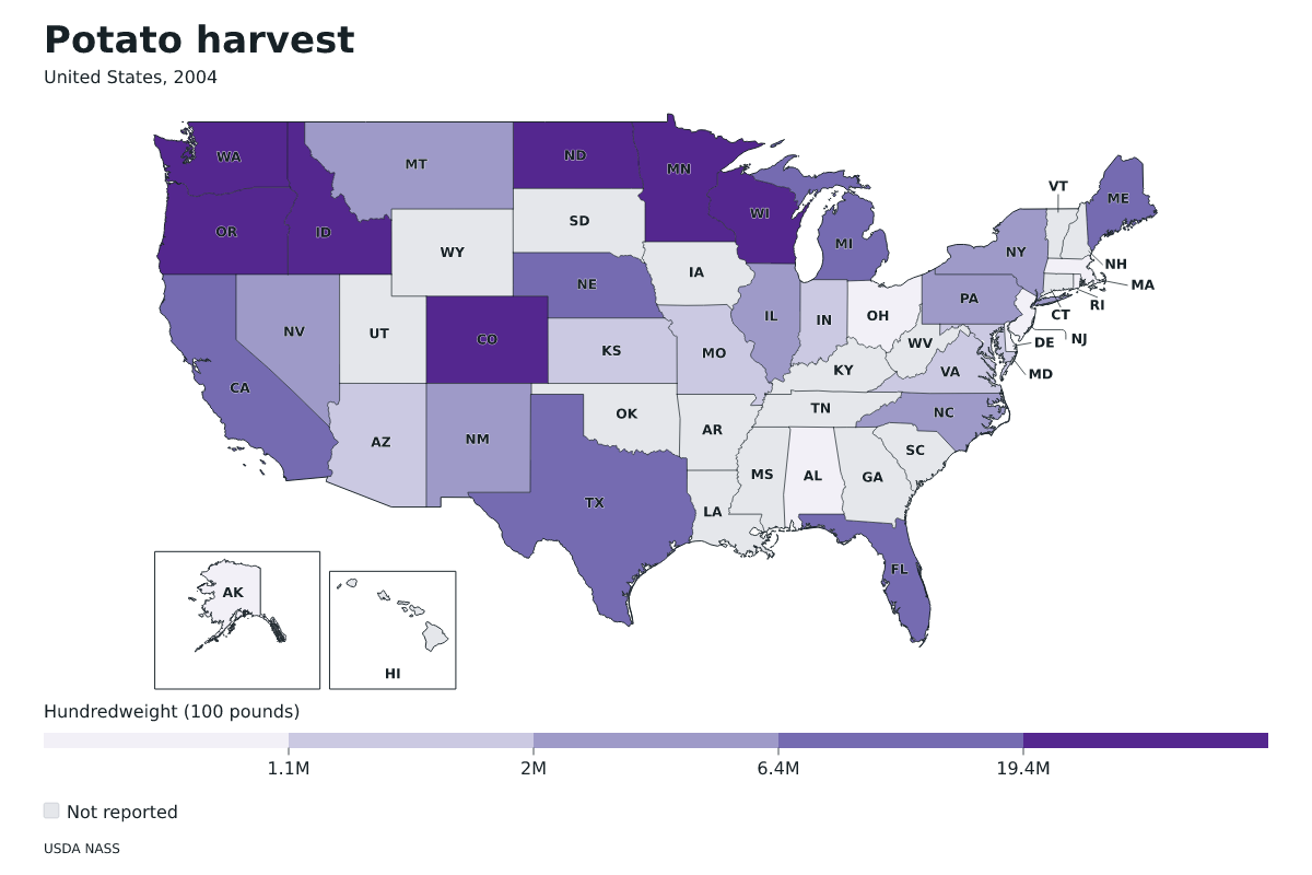 Cosecha de papas por estado en Estados Unidos, 2004. Unidad: quintales estadounidenses (100 libras). Fuente: USDA National Agricultural Statistics Service (NASS).
