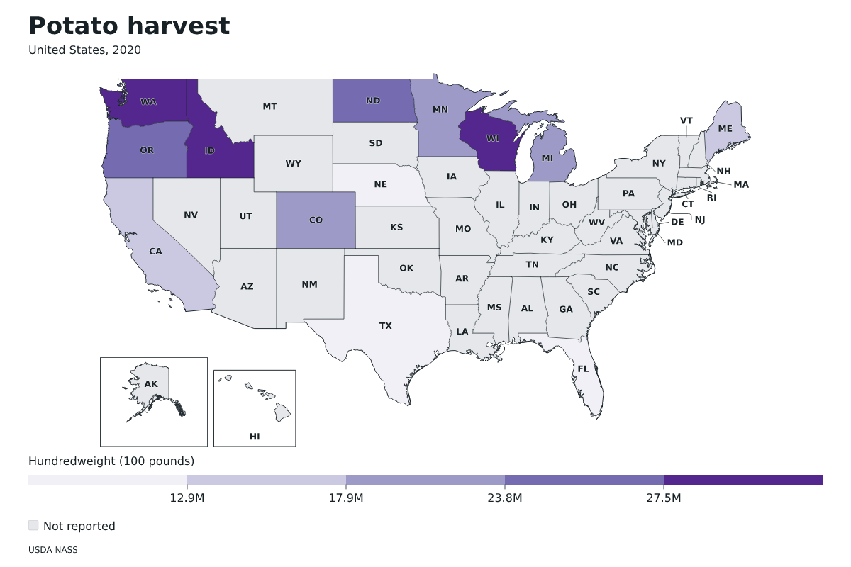 Cosecha de papas por estado en Estados Unidos, 2020. Unidad: quintales estadounidenses (100 libras). Fuente: USDA National Agricultural Statistics Service (NASS).