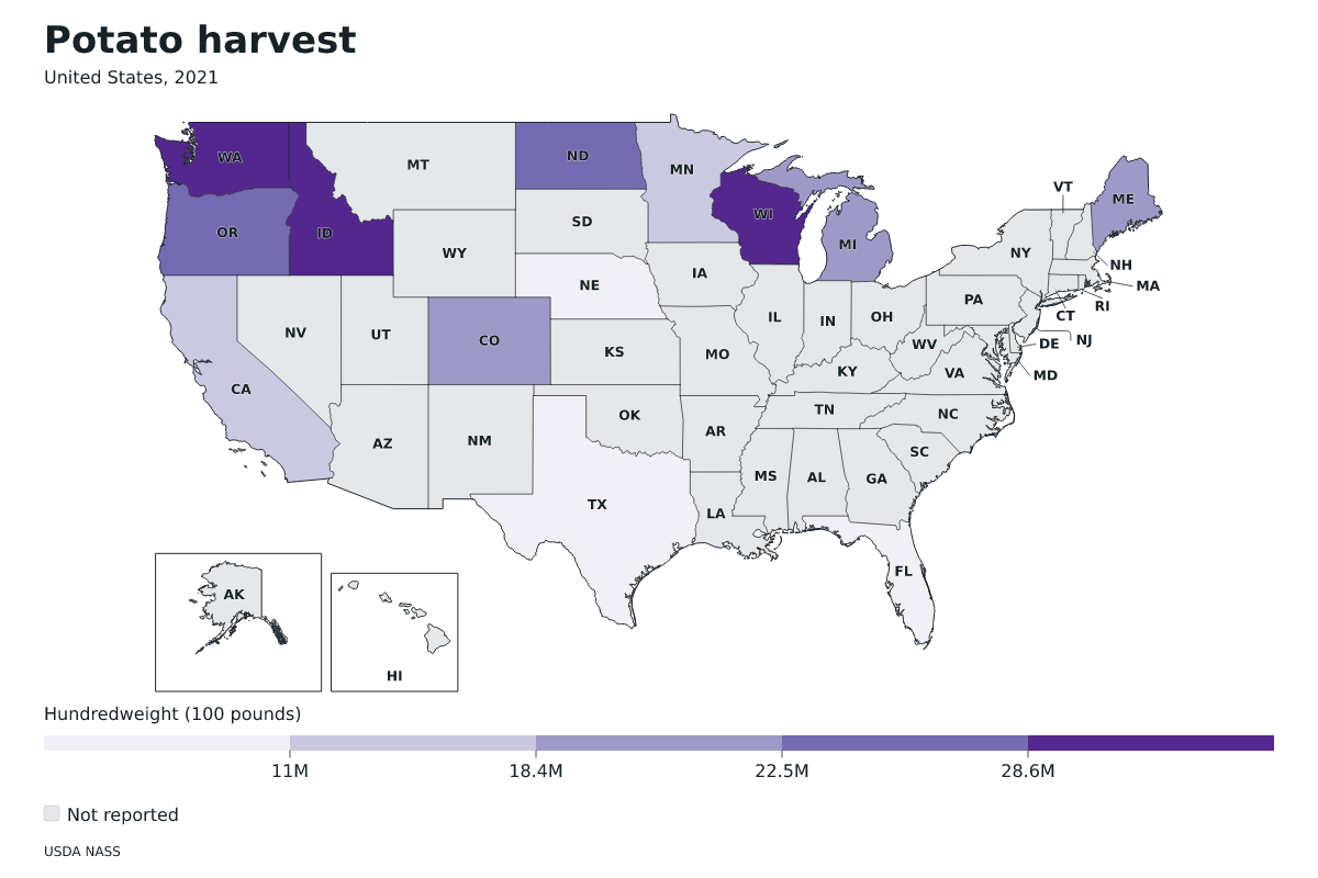 Cosecha de papas por estado en Estados Unidos, 2021. Unidad: quintales estadounidenses (100 libras). Fuente: USDA National Agricultural Statistics Service (NASS).