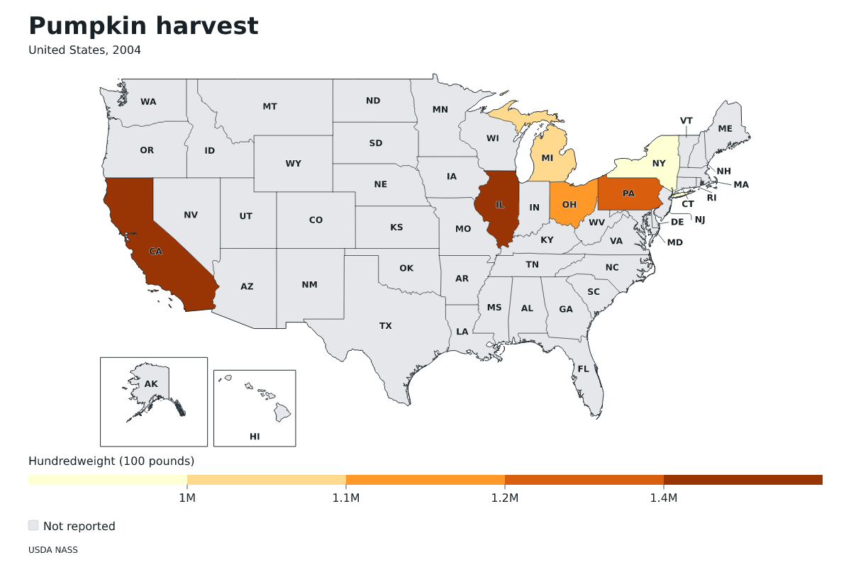 Cosecha de calabazas por estado en Estados Unidos, 2004. Unidad: quintales estadounidenses (100 libras). Fuente: USDA National Agricultural Statistics Service (NASS).