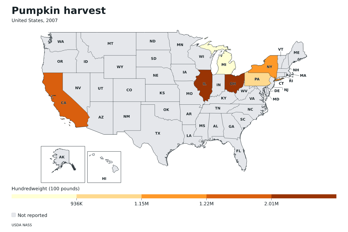 Cosecha de calabazas por estado en Estados Unidos, 2007. Unidad: quintales estadounidenses (100 libras). Fuente: USDA National Agricultural Statistics Service (NASS).