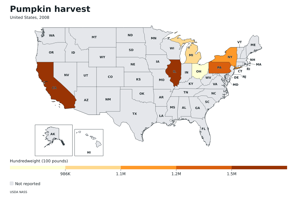 Cosecha de calabazas por estado en Estados Unidos, 2008. Unidad: quintales estadounidenses (100 libras). Fuente: USDA National Agricultural Statistics Service (NASS).