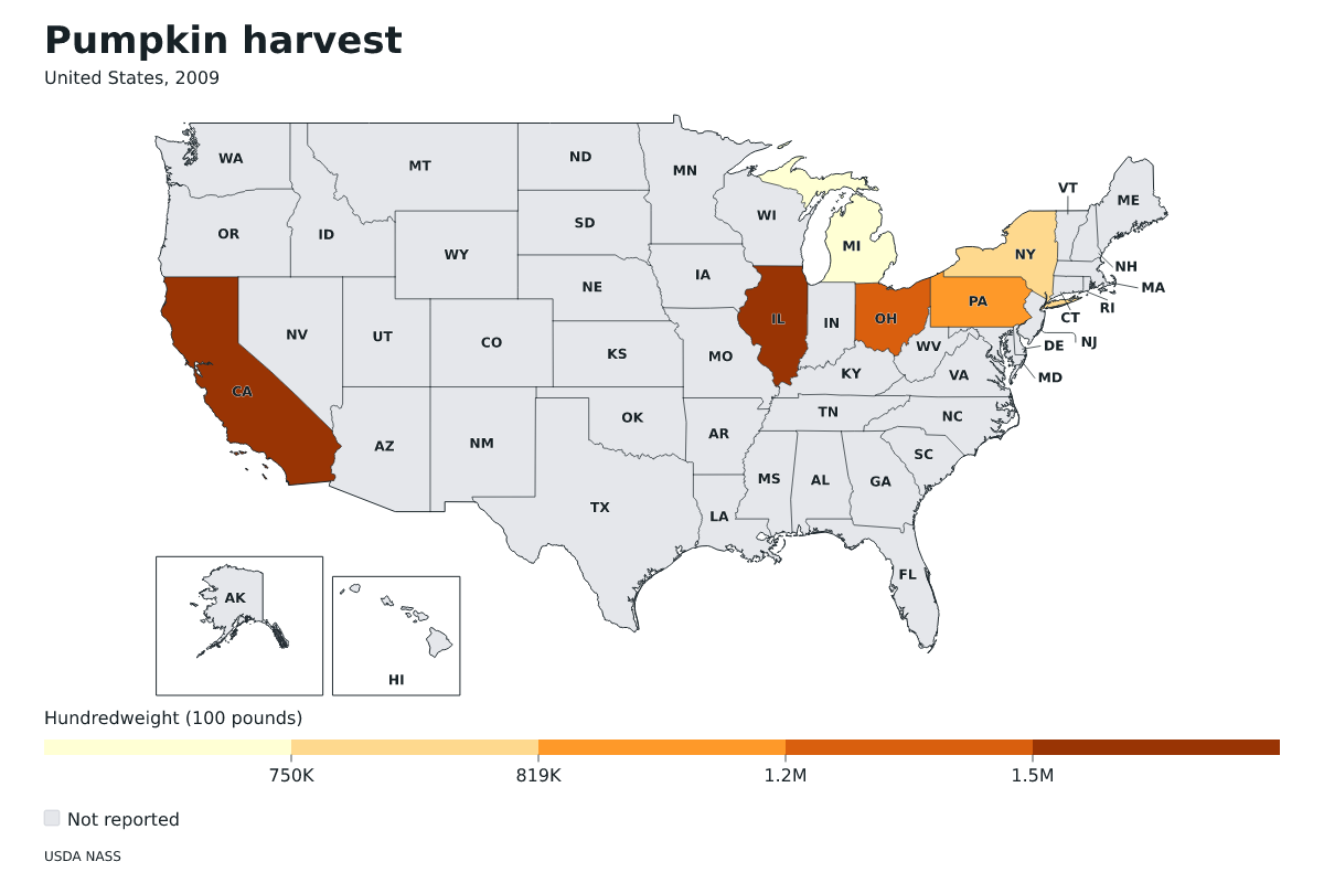 Cosecha de calabazas por estado en Estados Unidos, 2009. Unidad: quintales estadounidenses (100 libras). Fuente: USDA National Agricultural Statistics Service (NASS).
