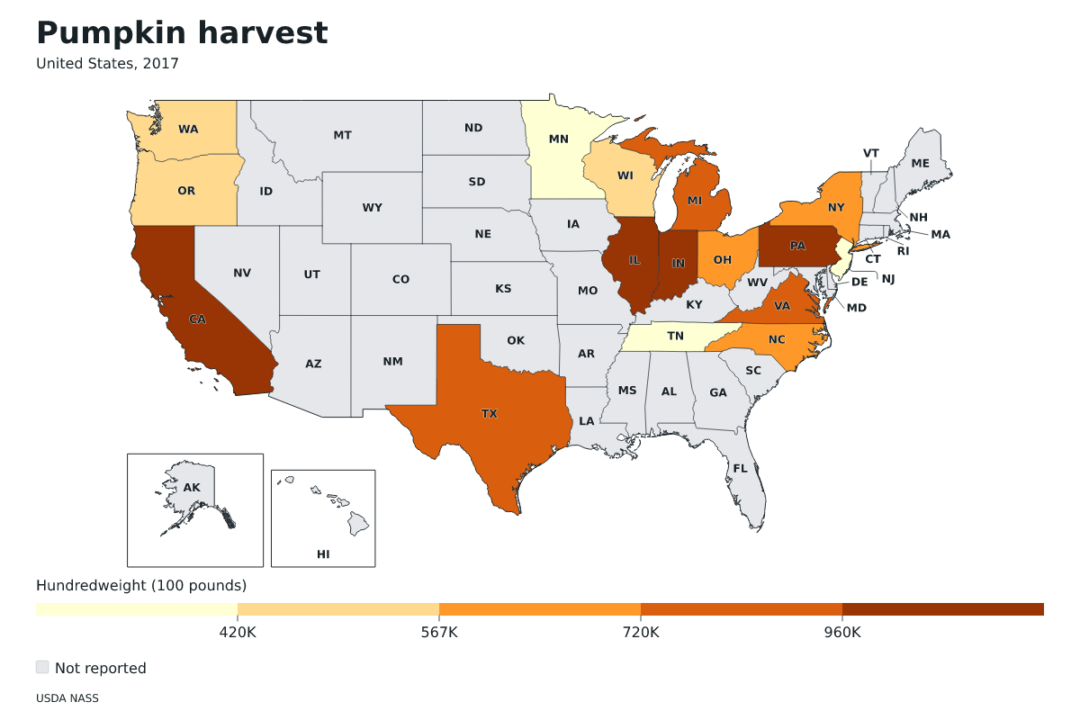 Cosecha de calabazas por estado en Estados Unidos, 2017. Unidad: quintales estadounidenses (100 libras). Fuente: USDA National Agricultural Statistics Service (NASS).