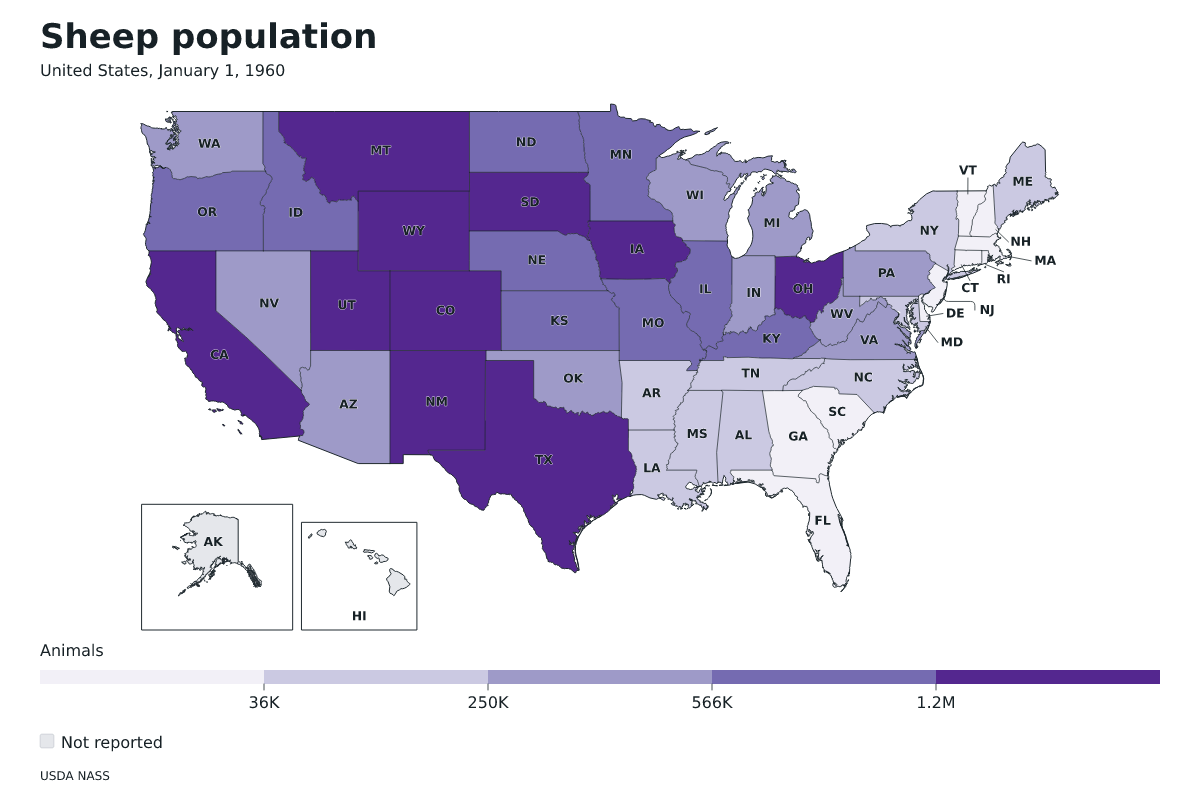 Población de ovinos por estado en Estados Unidos, 1 de enero de 1960. Unidad: ovejas y corderos. Fuente: USDA National Agricultural Statistics Service (NASS).