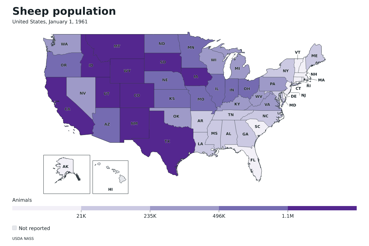 Población de ovinos por estado en Estados Unidos, 1 de enero de 1961. Unidad: ovejas y corderos. Fuente: USDA National Agricultural Statistics Service (NASS).