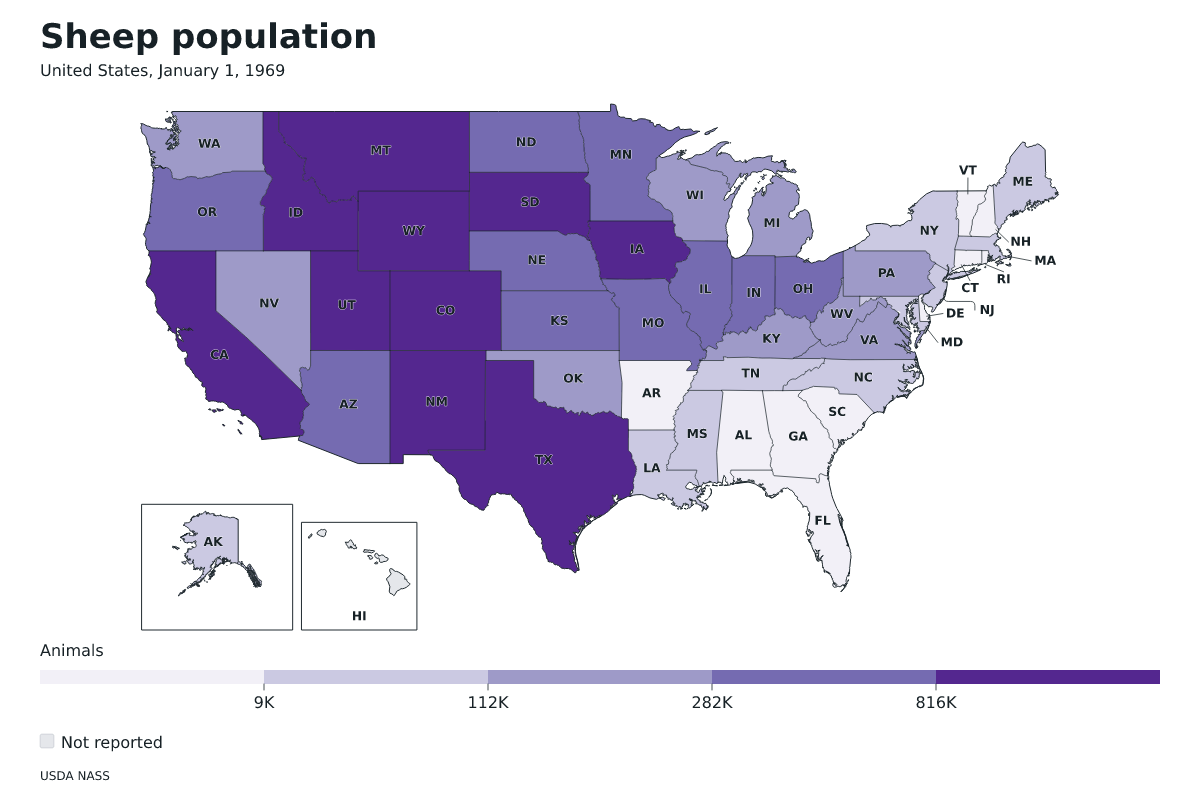 Población de ovinos por estado en Estados Unidos, 1 de enero de 1969. Unidad: ovejas y corderos. Fuente: USDA National Agricultural Statistics Service (NASS).