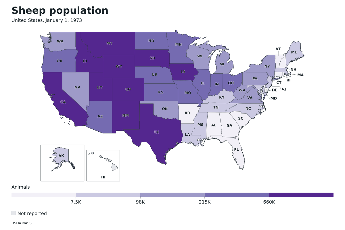 Población de ovinos por estado en Estados Unidos, 1 de enero de 1973. Unidad: ovejas y corderos. Fuente: USDA National Agricultural Statistics Service (NASS).
