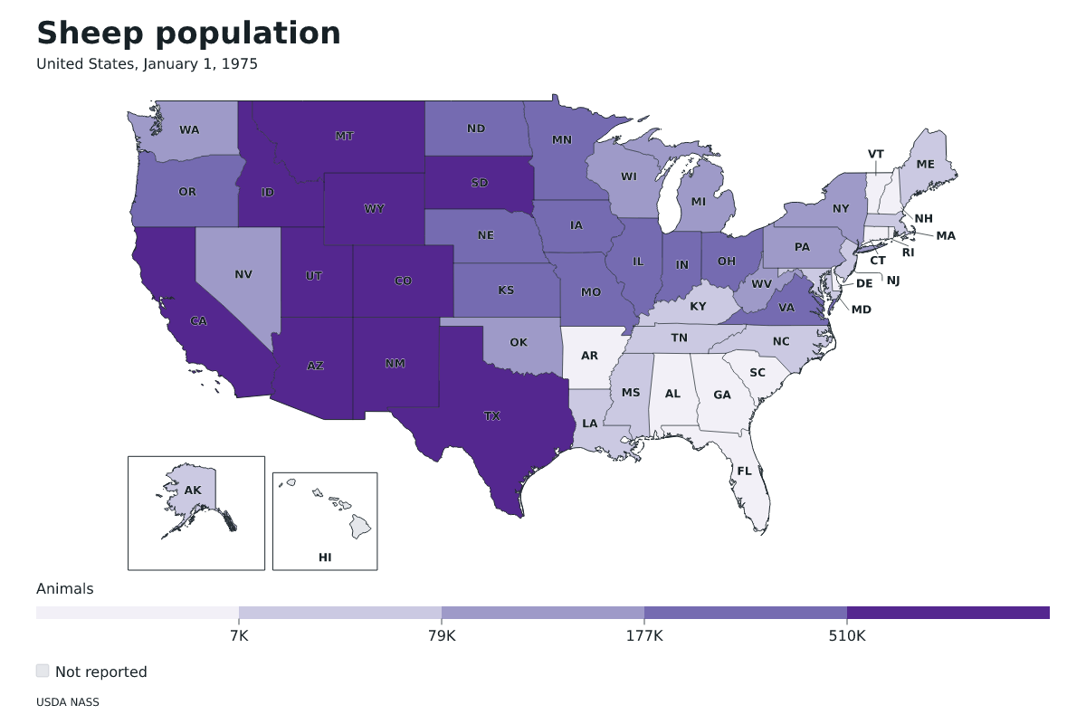 Población de ovinos por estado en Estados Unidos, 1 de enero de 1975. Unidad: ovejas y corderos. Fuente: USDA National Agricultural Statistics Service (NASS).