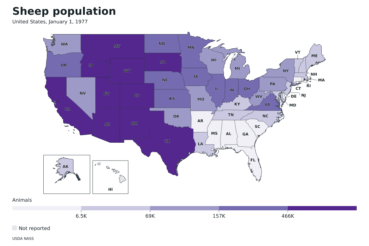 Población de ovinos por estado en Estados Unidos, 1 de enero de 1977. Unidad: ovejas y corderos. Fuente: USDA National Agricultural Statistics Service (NASS).