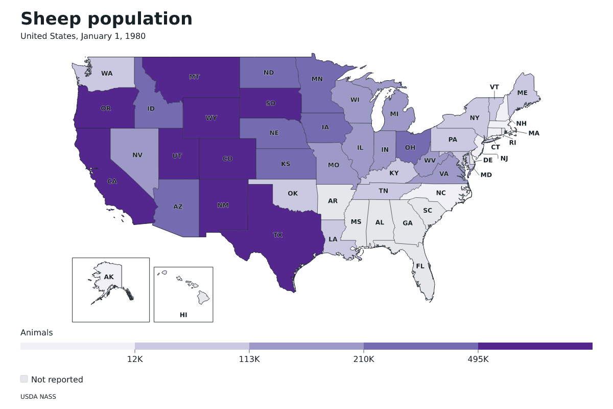 Población de ovinos por estado en Estados Unidos, 1 de enero de 1980. Unidad: ovejas y corderos. Fuente: USDA National Agricultural Statistics Service (NASS).