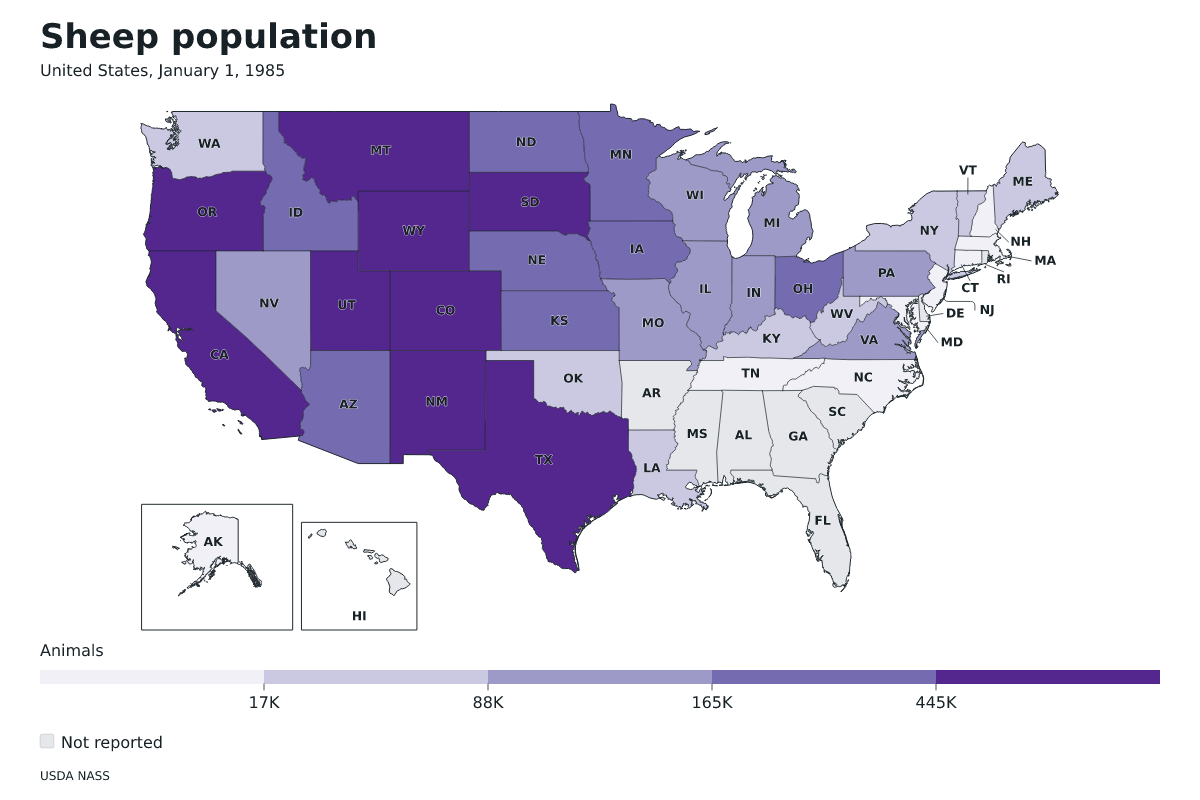 Población de ovinos por estado en Estados Unidos, 1 de enero de 1985. Unidad: ovejas y corderos. Fuente: USDA National Agricultural Statistics Service (NASS).