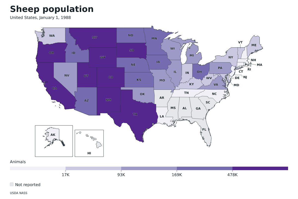 Población de ovinos por estado en Estados Unidos, 1 de enero de 1988. Unidad: ovejas y corderos. Fuente: USDA National Agricultural Statistics Service (NASS).