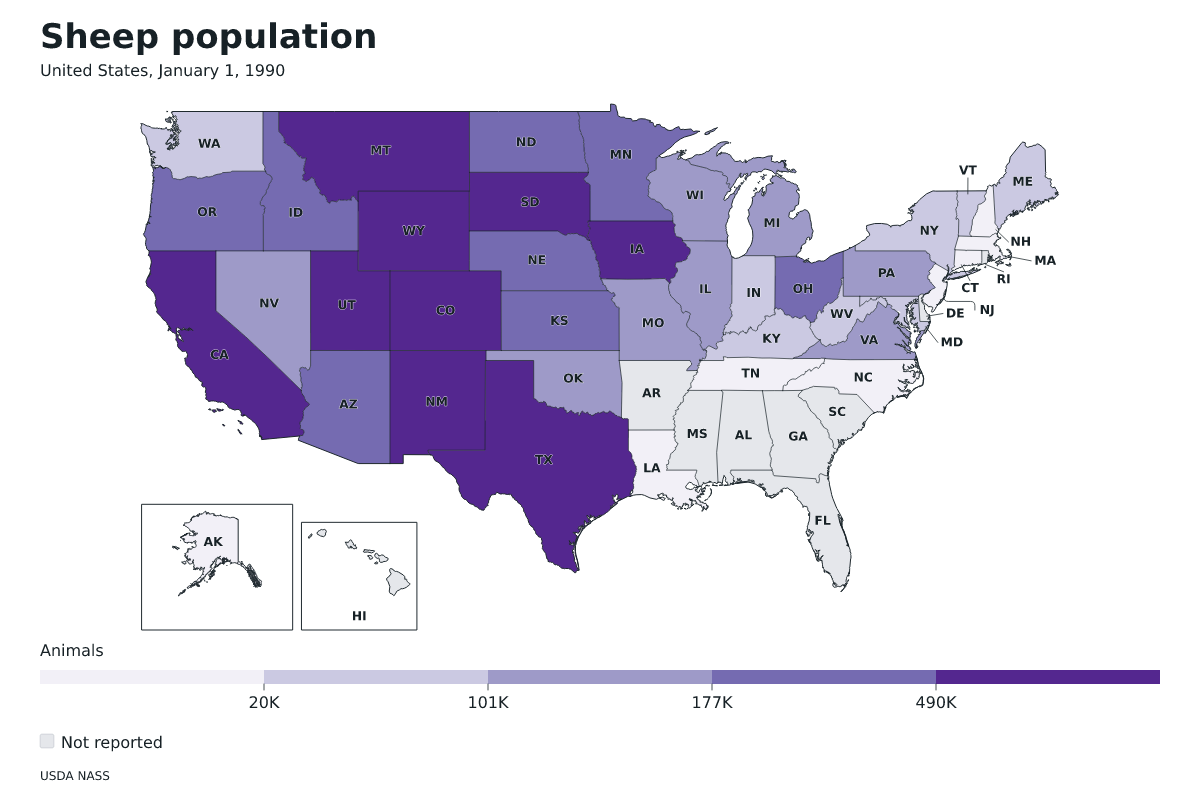 Población de ovinos por estado en Estados Unidos, 1 de enero de 1990. Unidad: ovejas y corderos. Fuente: USDA National Agricultural Statistics Service (NASS).