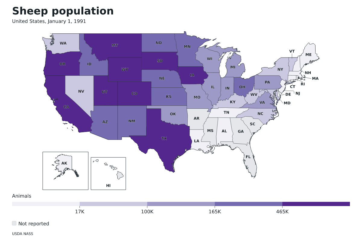 Población de ovinos por estado en Estados Unidos, 1 de enero de 1991. Unidad: ovejas y corderos. Fuente: USDA National Agricultural Statistics Service (NASS).