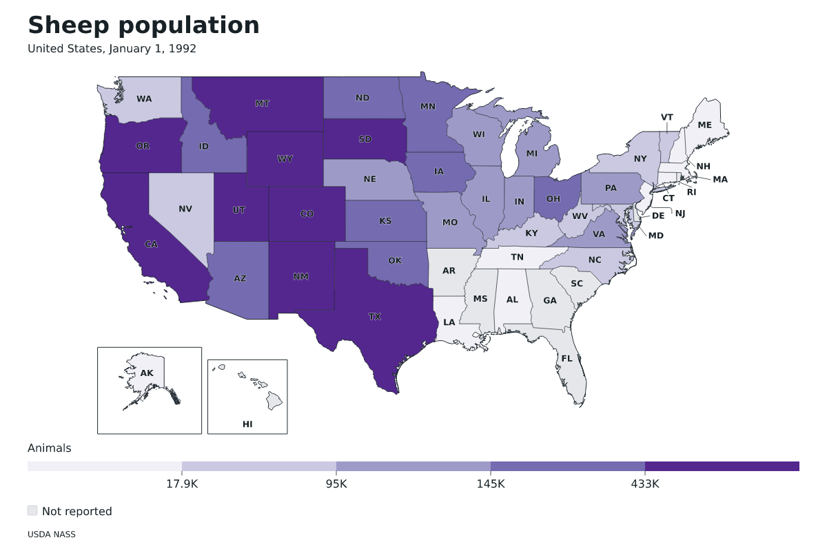 Población de ovinos por estado en Estados Unidos, 1 de enero de 1992. Unidad: ovejas y corderos. Fuente: USDA National Agricultural Statistics Service (NASS).