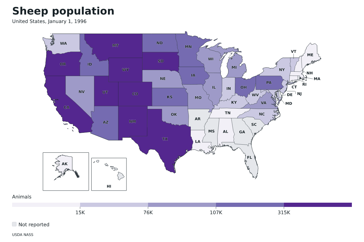 Población de ovinos por estado en Estados Unidos, 1 de enero de 1996. Unidad: ovejas y corderos. Fuente: USDA National Agricultural Statistics Service (NASS).