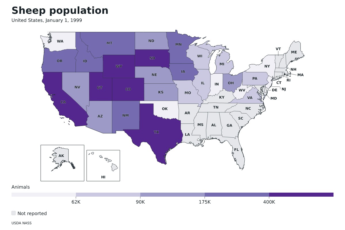 Población de ovinos por estado en Estados Unidos, 1 de enero de 1999. Unidad: ovejas y corderos. Fuente: USDA National Agricultural Statistics Service (NASS).