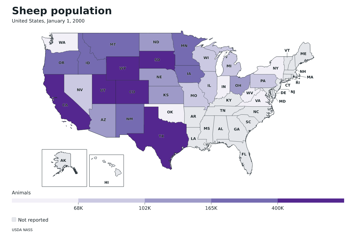 Población de ovinos por estado en Estados Unidos, 1 de enero de 2000. Unidad: ovejas y corderos. Fuente: USDA National Agricultural Statistics Service (NASS).