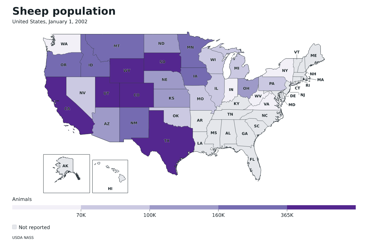 Población de ovinos por estado en Estados Unidos, 1 de enero de 2002. Unidad: ovejas y corderos. Fuente: USDA National Agricultural Statistics Service (NASS).