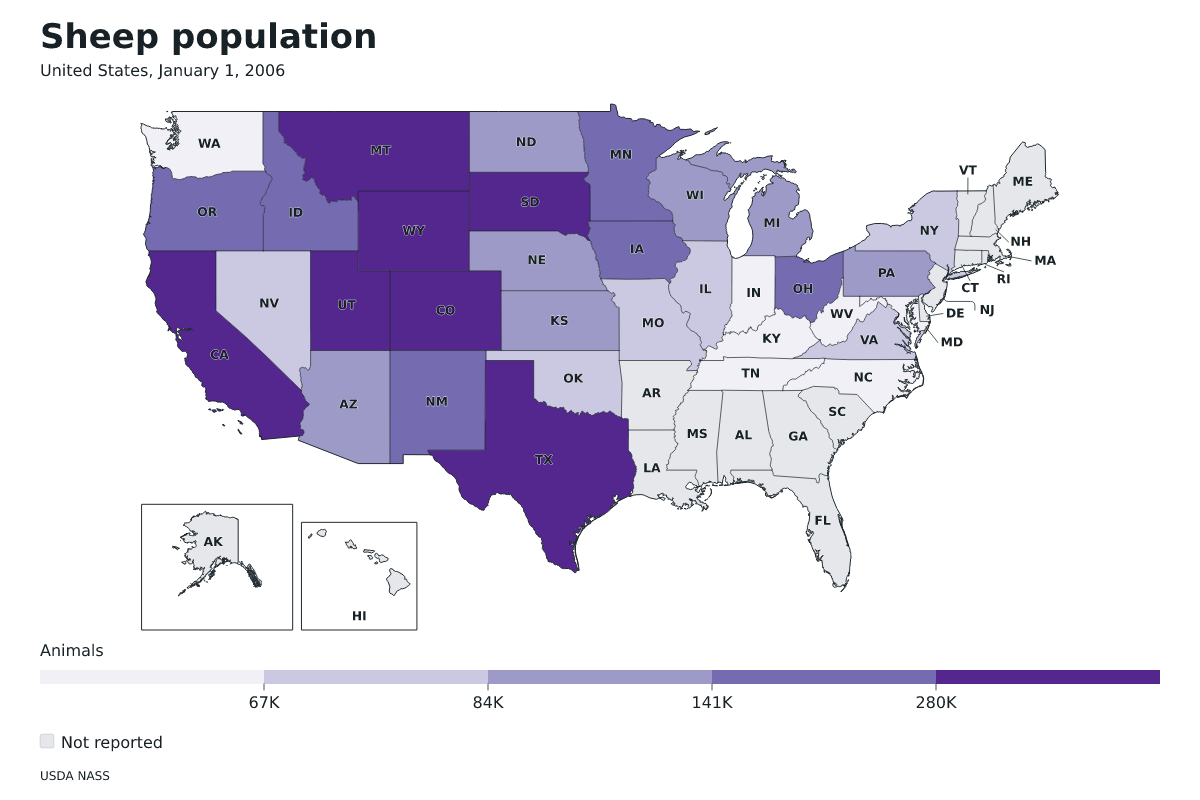Población de ovinos por estado en Estados Unidos, 1 de enero de 2006. Unidad: ovejas y corderos. Fuente: USDA National Agricultural Statistics Service (NASS).