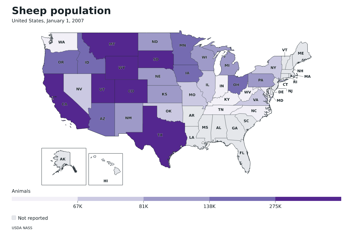 Población de ovinos por estado en Estados Unidos, 1 de enero de 2007. Unidad: ovejas y corderos. Fuente: USDA National Agricultural Statistics Service (NASS).