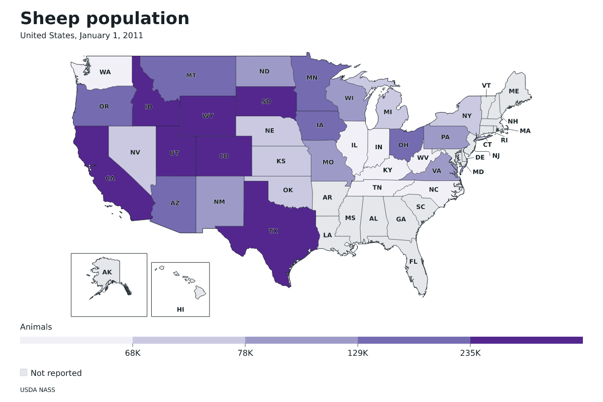 Población de ovinos por estado en Estados Unidos, 1 de enero de 2011. Unidad: ovejas y corderos. Fuente: USDA National Agricultural Statistics Service (NASS).