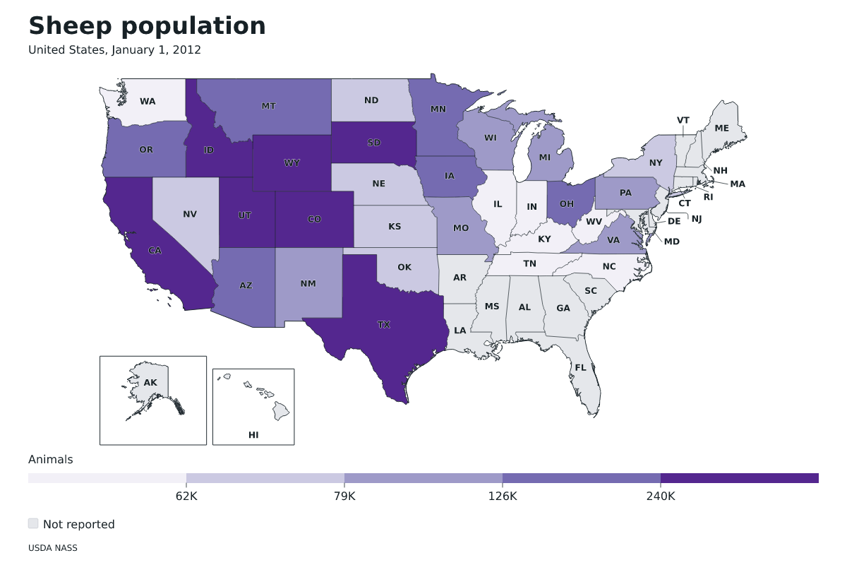 Población de ovinos por estado en Estados Unidos, 1 de enero de 2012. Unidad: ovejas y corderos. Fuente: USDA National Agricultural Statistics Service (NASS).