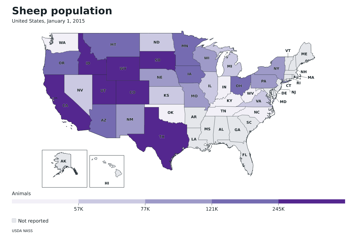 Población de ovinos por estado en Estados Unidos, 1 de enero de 2015. Unidad: ovejas y corderos. Fuente: USDA National Agricultural Statistics Service (NASS).