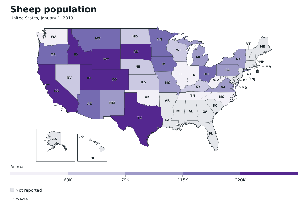 Población de ovinos por estado en Estados Unidos, 1 de enero de 2019. Unidad: ovejas y corderos. Fuente: USDA National Agricultural Statistics Service (NASS).