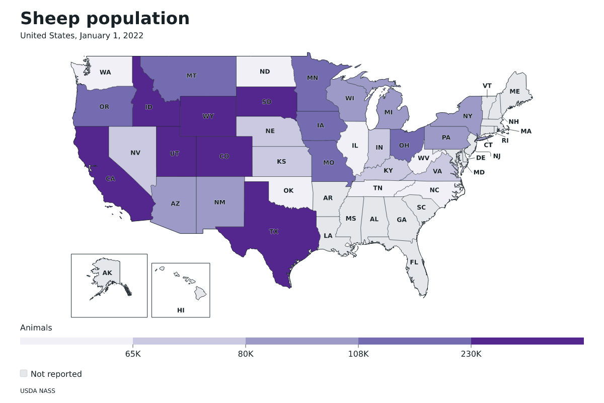 Población de ovinos por estado en Estados Unidos, 1 de enero de 2022. Unidad: ovejas y corderos. Fuente: USDA National Agricultural Statistics Service (NASS).
